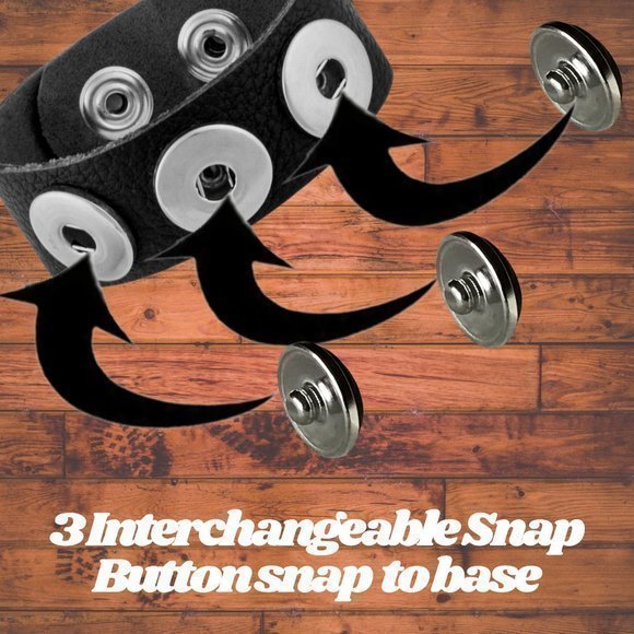 Black Leather 3 Snap button Bracelet - Picture 3 of 5